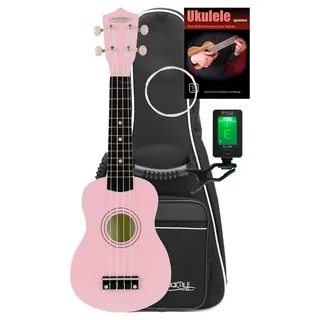 Classic Cantabile US-50 PK Sopranukulele Set - Ukulele mit 12 Bünden - Komplett-Set inkl. Tasche, Stimmgerät, Ersatzsaiten und Schule- leichtgängige Gitarrenmechanik - Weiße Nylon-Saiten - Pink