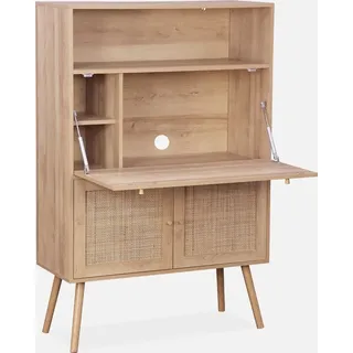 sweeek Schreibschrank - Sekretär, 2 Türen aus Rohrgeflecht Regale, Holzeffekt, und