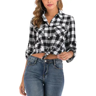 Enjoyoself Damen Karrierte Bluse Langarm Karo Flanell Hemden Baumwolle Button-down Hemdbluse für Alltag und Oktoberfest,Schwarz-Weiß,M - M