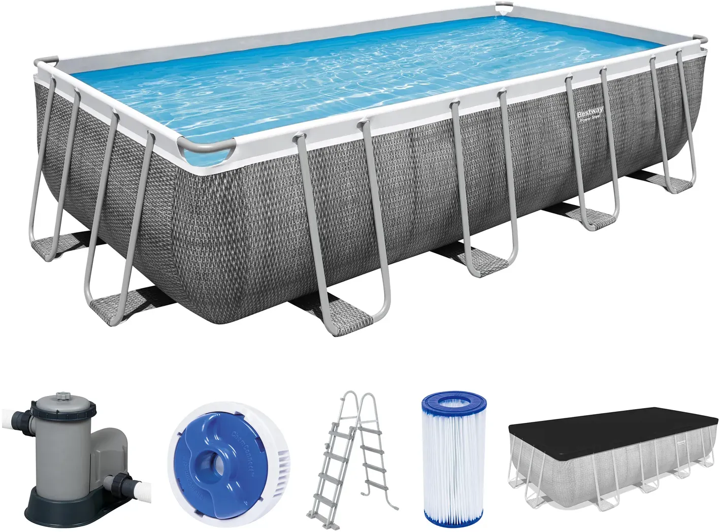 Bestway Power Steel Frame Pool Komplett-Set mit Filterpumpe 549 x 274 x 122 cm, Rattan-Optik (Schiefergrau), eckig