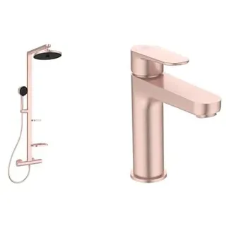 Set aus Ideal Standard BD583RO Alu+ Duschsystem mit Brausethermostat – Frei von Blei, Chrom & Nickel – Spa-Regendusche in Rosé + BD131RO Cerafine O Waschtischarmatur mit Push-Open-Ventil