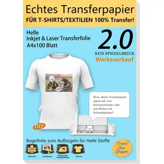 TransOurDream ECHTE Inkjet/Laser Transferfolie Transferpapier,A4X100 Blatt+10 Silikonpapier,Bedruckbare Bügelfolie für helle T Shirts/Textilien,transfer paper