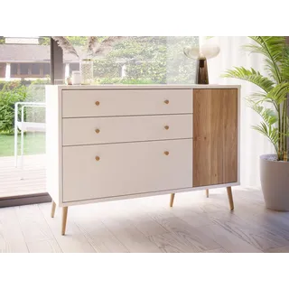 Forte Harllson, einfache Montage Dank EasyKlix Kommode Weiß mit Holzdekor: Mauvella Eiche, 120 130, Sideboard, 2 Schubladen 2 Türen, Mid Century, 125 cm breit x 86 cm hoch x 41 cm tief
