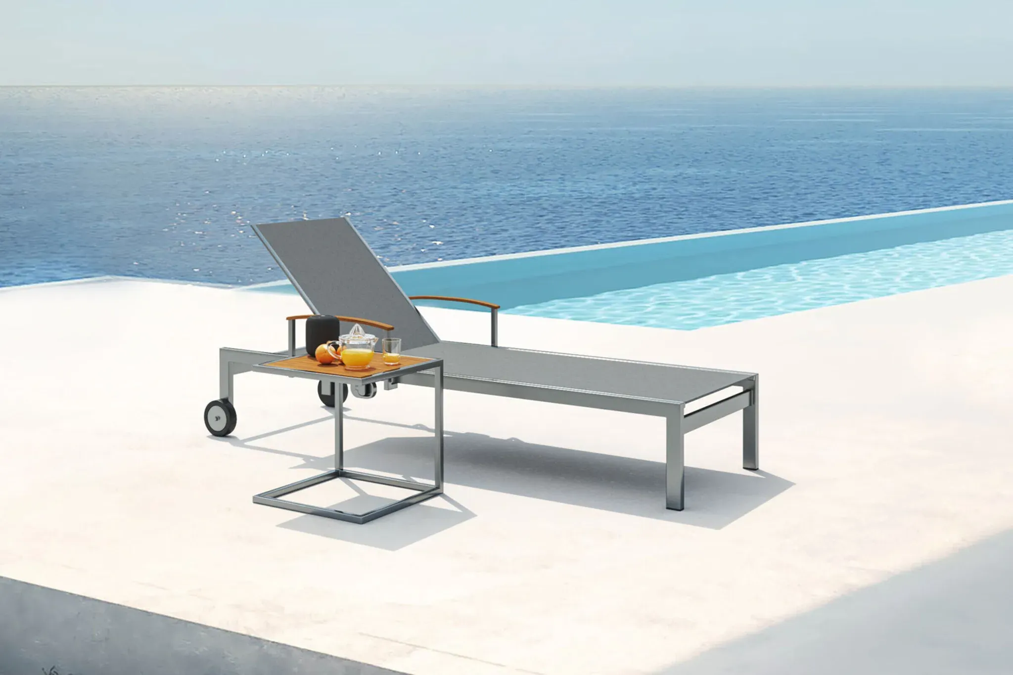 OUTFLEXX Sonnenliegen-Set, taupe, Edelstahl/Teak, 195,5x74x35cm, mit Armlehnen, inkl. Beistelltisch 45x45cm, FSC®-zertifiziertes Produkt