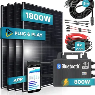 SUNNIVA® 1800W Balkonkraftwerk 800W komplett Steckdose - TSUN 800W Wechselrichter - PV Solaranlage Komplettset - 4x 450W (1800W) Solarmodule - inkl. 5m Kabel - Bluetooth, WIFI
