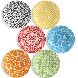 Tiefe Teller Set Pastateller Suppenteller - Porzellan Teller Tief für Pasta Suppe Salat Spaghetti 6 Teilig - Keramik Salatteller Nudelteller Bunt 680 ml - Mikrowellen und Spülmaschinenfest - 20×4 cm