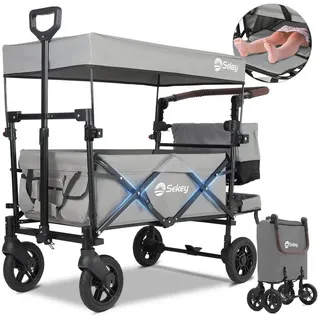 Sekey Bollerwagen Klappbar Transportkarre Handwagen Kinderwagen mit Dach bis 150 kg, Faltbar Bollerwagen mit Schiebegriff, stoßfesten PU-Rädern und Bremsen grau