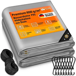 tillvex Abdeckplane Grau 4x5 m mit Ösen + 10 Haken & 15m Seil Gewebeplane 650g/m2 Wasserdicht & Reißfest Premium PVC-Plane Universell lkw, Pool, Holz