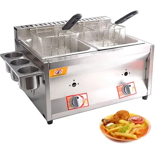 CFYP Gas Fritteuse mit 10L*2 Korb und Deckel, Edelstahl-Arbeitsplatte Propan (LPG) mit Metallrohr für Gewerbliche Heimküche