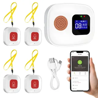 Notrufknopf für Senioren, Senioren Notruf, WiFi Smart Notrufklingel Alert System, 4*SOS Notrufknopf, 1*Empfänger, Hausnotruf für ältere Patienten, Behinderte, Kinder