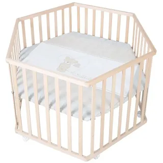 roba® Laufgitter 6-eckig - mobiles Laufgitter mit Rollen - aus Holz (verschiedene Designs), Laufstall, inkl. Schutzeinlage & Bremsrollen, 6-fach höhenverstellbar beige