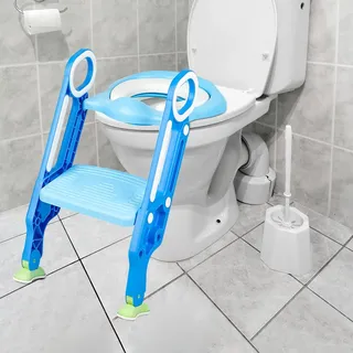Toilettensitz für Kinder, Toiletten-Toilette, faltbar, Toilettensitz für Kinder, mit Stufe, höhenverstellbare Toilettentreppe (Hellblau/Blau)