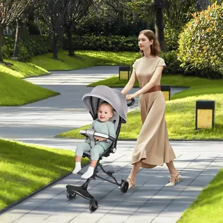Kompakter Kinderwagen – Bis 25 kg, klappbar, mit Getränkehalter, Regenverkleidung, Sonnenverdeck (UPF 50+) und XXL-Einkaufskorb - 30 x 55 x 86,5 cm, Farbe: Grau