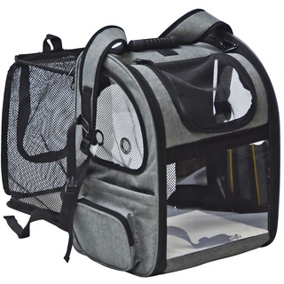 fudajo Ausziehbarer Haustier Rucksack 27x35,5x41,5 cm bis 6kg, Hunderucksack, Katzenrucksack mit Netz und Fenstern, Schwarz und Grau