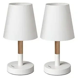 Tomons 2er Set LED Nachttischlampe aus Holz, LED Tischlampe Tischleuchte mit Stoffschirm für Schlafzimmer, Wohnzimmer, Arbeitszimmer, Beistelltisch – Weiß