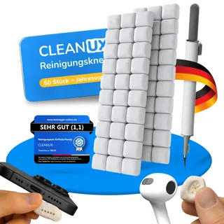 CLEANUX Reinigungsknete Handy Reinigungsset – iPhone Zuebhör mit 60 Reinigungsknete-Portionen, Multifunktionswerkzeug & Mikrofasertuch – Ladebuchse Reiniger für AirPods, USB-C & Lautsprecher