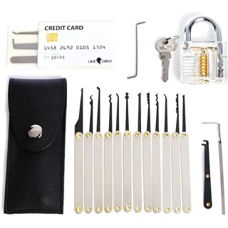 Lock Cowboy Dietrich-Set 20-Teilig - Transparenten Übungsschlössern, Kreditkartenformat Türöffnungswerkzeug Set - Schlossöffner Werkzeug Set für Anfänger und Profis, Inklusive Anleitung