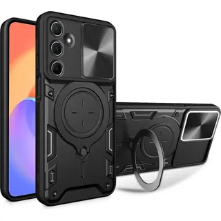 Handyhülle für Samsung Galaxy M35 Dual-Layer Stoßfest Rüstung Hülle mit Dia Kameraschutz und Kreisförmig Ring Ständer Schwarz - Schwarz