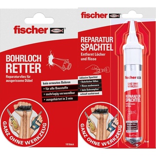 fischer BOHRLOCH RETTER, Reparaturvlies für ausgerissene Dübel in Weiß, 10 Stück & REPARATUR SPACHTEL, 1x Reparaturspachtel-Tube, 70ml, Bohrlöcher füllen, Risse ausbessern, schnell aushärtend