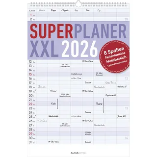 Neumann Superplaner XXL 2026 8 Spalten - Timer 33x49,5 cm - Offset-Papier - mit Ferienterminen - Wand-Planer - Alpha Edition