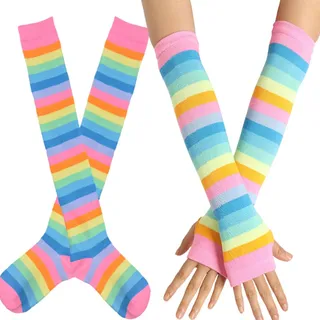 Eastuy Gestreifte Socken Kniestrümpfe Damen - Regenbogen Beinstrümpfe und Armstulpen Set, Overknee Gestreiftes Kostümzubehör für Herren Damen Kinder