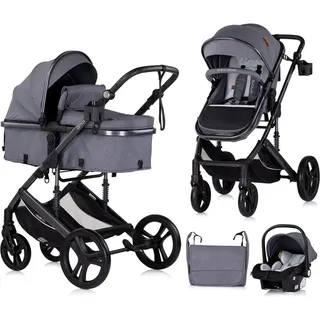 Chipolino Kinderwagen 3 in 1 Amore Babyschale Adapter Wickeltasche Fußabdeckung grau gemustert