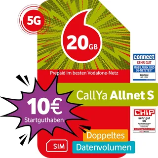 Vodafone Prepaid CallYa S | Aktion: 20 GB statt 10 GB | 10 EUR Startguthaben | ohne Vertrag | 5G-Netz | Telefon- SMS-Flat | EU-Roaming