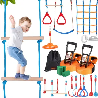 Vevor Ninja Slackline Hindernisse Set 2 x 18,29 m Slacklines, 226,8 kg Tragkraft Ninja Hinderniskurs, Outdoor-Spielset-Ausrüstung, Hinterhofspielzeug-Trainingsausrüstungsset mit 14 Hindernissen