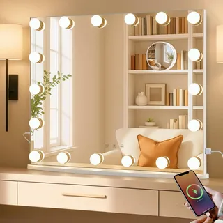LUXFURNI Hollywood Schminkspiegel mit 18 LED Lampen, 3 Farb Beleuchtung, Touch Steuerung, beleuchteter Kosmetikspiegel für Tisch & Wandmontage, 60 × 52 cm, Weiß