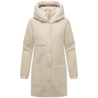 Navahoo Damen Mantel lange Übergangsjacke Kurzmantel in Wolloptik mit Kapuze und (abnehmbarem) Stepp-Einsatz Flauschwunder 14 Beige Gr. XL - XL