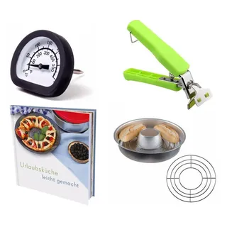 Spar-Set Camping Backofen 4-teilig | Kochbuch + Aufbackgitter + Backofenthermometer + Sun and Ice Haltegriff passend für Omnia Backofen