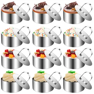 mkitnvy 12 Stück Dessertringe, 8cm Runde Speiseringe Kuchenring Tortenring Set mit Heber, Edelstahl Kuchenring, Dessertringe Backring für DIY Desserts Kuchen