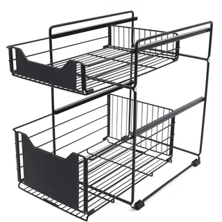 LUNICASHA 2 Etagen Küchenregal, Metall Gewürzständer mit 2 Schrankauszug, Gewürzregal Stehend mit 2 Etagen, Küchenschrank Organizer Ausziehbar, Gewürzflaschenhalter für Küche Schrank Bathroom, Schwarz