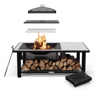 Feuerschale Grill 122 cm 3-in-1 Feuerstelle Terrasse Feuerkorb Funkenschutz Grau