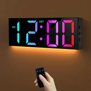 HAITANG Digitale Wanduhr - 12" Große Digitale Wanduhr Mit RGB-Farb-Auto-Helligkeitsdimmer, Nachtlichtern, 24/12-Stunden-Led-Wanduhr Für Schreibtisch, Schlafzimmer, Büro Und Wohnzimmer