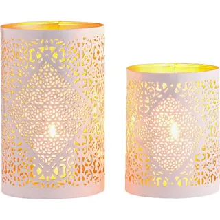 Marrakesch Orient & Mediterran Interior Marrakesch 2er Set Boho Deko Teelichthalter Windlicht 20cm groß weiß Gold | Kerzenhalter Kerzenständer Yazim als Aesthetic Deko für Wohnzimmer | Orientalische Windlichter als Balkondeko