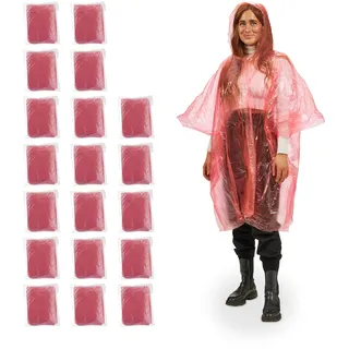 Relaxdays Regenponcho, 20er Set, Einweg Regencape mit Kapuze, Wandern, Festival, Notfallponcho für Damen & Herren, rot