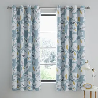 Catherine Lansfield Inga Leaf Vorhänge mit Ösen, Polyester Baumwolle, blaugrün, Eyelet Curtains-66x72 Inch