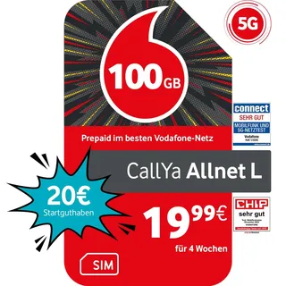 Vodafone Prepaid CallYa Allnet L | 100 GB | 20 EUR Guthaben | ohne Vertrag | 5G | Allnet Flat | EU-Roaming | weltweit nutzbar