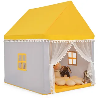 COSTWAY Kinderspielhaus Kinderzelt Spielhaus Princess Kinderspielzelt Stoffzelt mit Massivholzrahmen und Baumwolldecke Kinderspielburg für Jungen Märchen 120 x 105 x 140 cm Gelb Grau