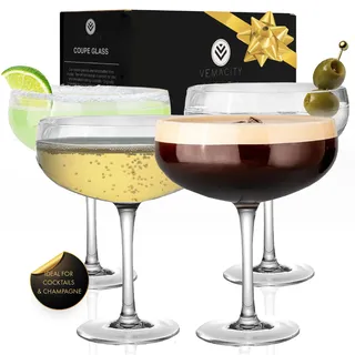 Vemacity Elegante Espresso Martini Gläser 4er Set | Handgefertigte Cocktailgläser Set | Champagner Schalen | Edle Coupe für Margarita & Cocktails | Martinigläser | Ideal für Weihnachten und Neujahr
