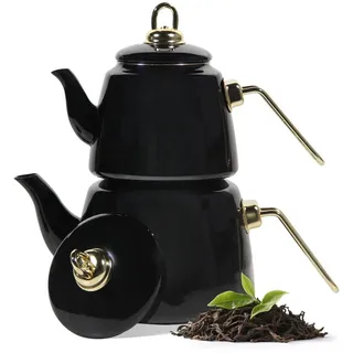 Homelux Teekanne Set, Wasserkessel Induktion Teekocher aus Emaille, Induktionsgeeignet, 2L+1L, Türkische teekanne, Caydanlik, Schwarz - Schwarz