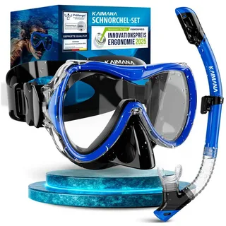 KAIMANA Tauchermaske AquaVision Elite Schnorchelset für Erwachsene inkl. Tragetasche, (Bequeme Taucherbrille Erwachsene, Alternative zur Schnorchelmaske), Taucherbrille mit Stoffband/Silikonstrap blau|schwarz Silikon-Strap