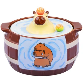 BUKISA Badende Capybara-Ramen-Schüssel Mit 2 Orangefarbenen Statuen, 950 Ml Große Capybara-Nudelschüssel Mit Deckel Und Griff, Instant-Nudelschüssel Aus Keramik, Capybara-Geschenk