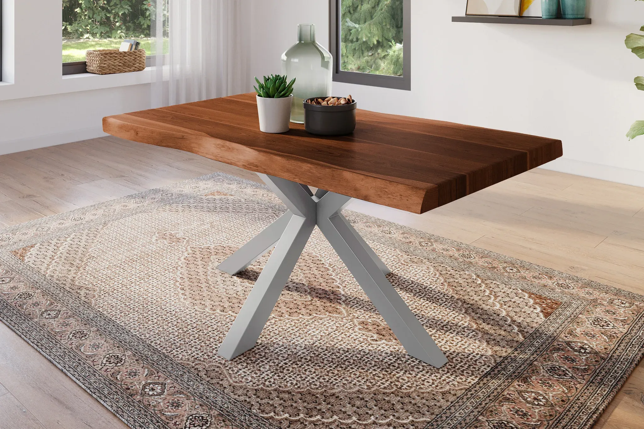 Esstisch 120 x 80 cm Akazie massiv nussbaum Baumkantentisch Spider-Gestell silber ATLAS