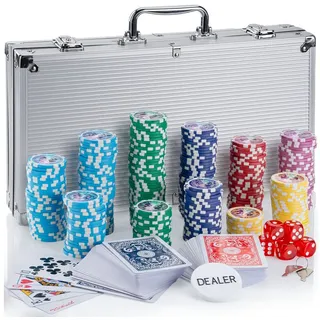 Goods+Gadgets Spiel Goods+Gadgets Profi Poker Set – Pokerkoffer mit 300–500 Chips Zuhause, Pokerset inkl. 300-500 Poker-Chips, Casino für Zuhause silberfarben