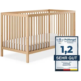 Ehrenkind Babybett PUR aus massivem Buchenholz, flexibel höhenverstellbar, Gitterbett, Kinderbett 9-Fach höhenverstellbar mit entnehmbaren Stangen Baby Bett beige 60 cm x 120 cm