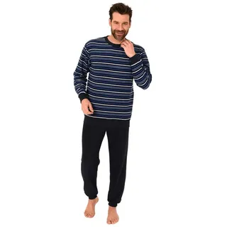 Normann Pyjama Langer Herren Frottee Schlafanzug mit Bündchen Streifenoptik blau 54