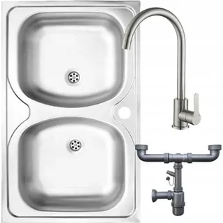 Deante Doppelbecken-Stahlspüle 80x50 + Hahnloch + Siphon + Hahn - Silber