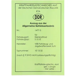 Blanco-Papiere (BTE - für Sammlerzwecke) Simson S51 Enduro